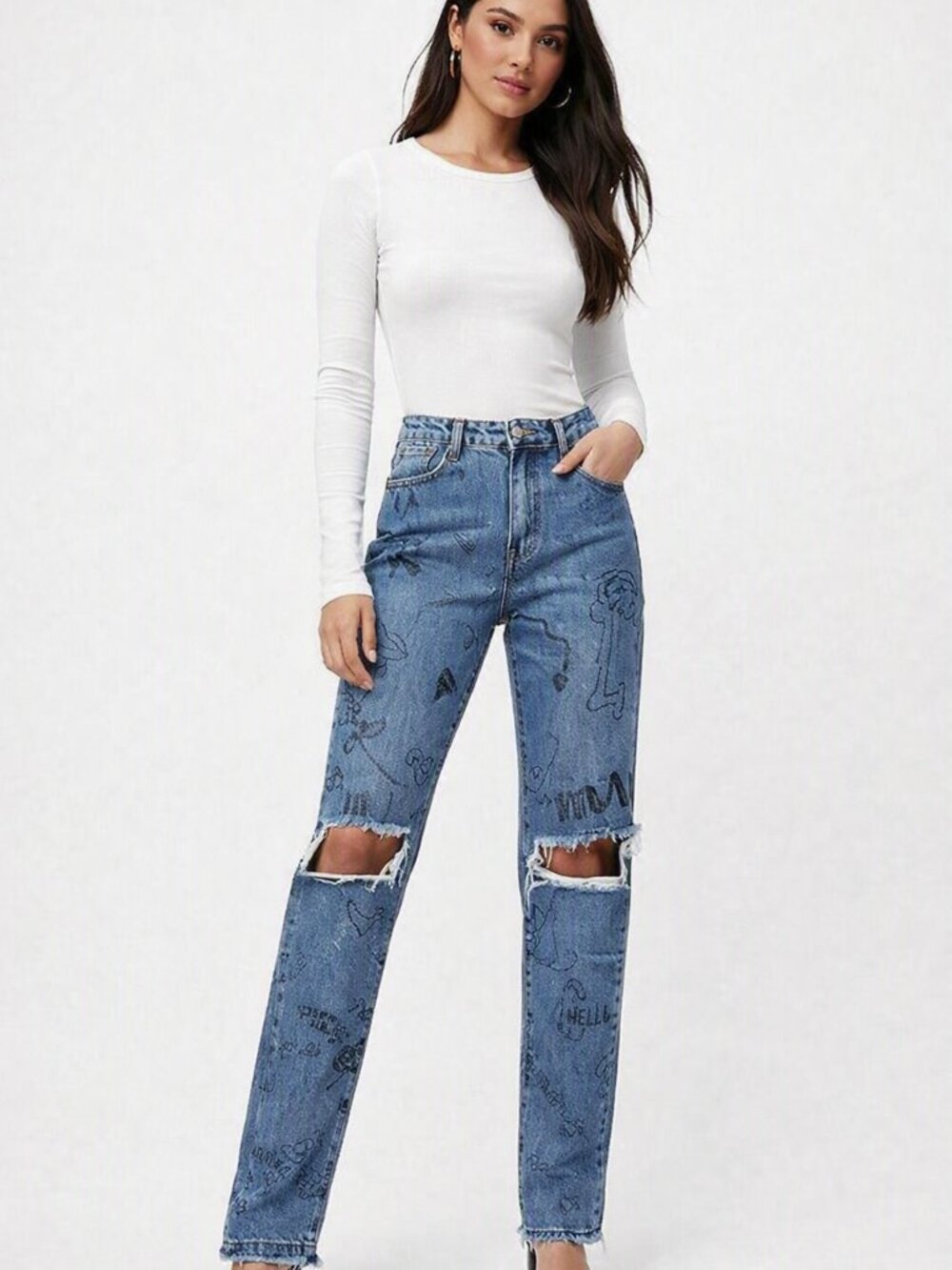 Zara Trafaluc Women’s High Waist Skinny Jeans Blue Sz 2 Doodle Print Distressed